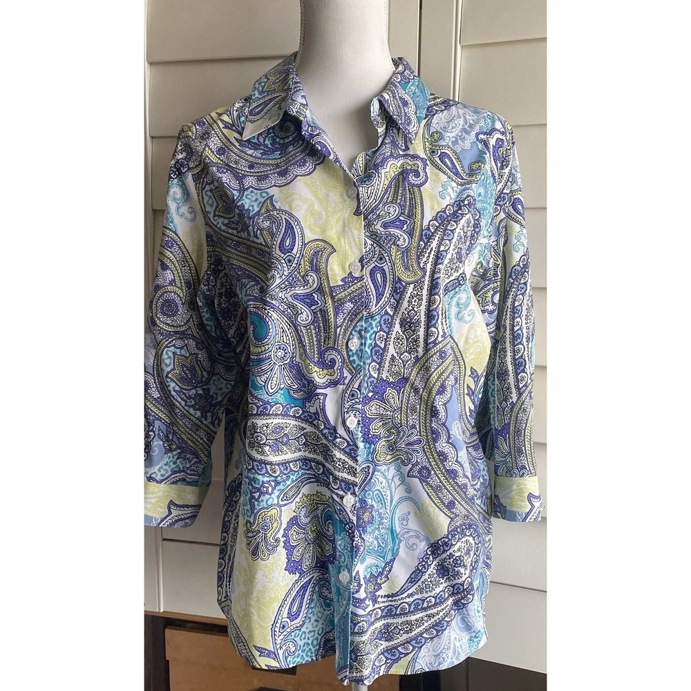 Chico's No Iron Cotton Button Up Collard Shirt Paisley Print Large? 3/4 Sleeves